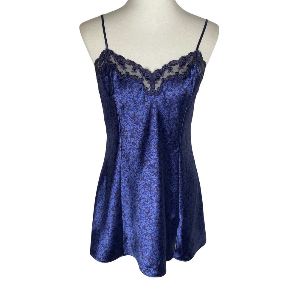 VTG Victoria's Secret Size Medium Satin Lace Slip Dress Blue Floral Nightie Y2K